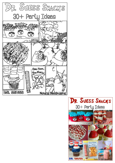 A vibrant collage of Dr. Seuss party food ideas, featuring Thing 1 & 2 cupcakes, Cat in the Hat fruit, Goldfish snacks, and festive desserts.