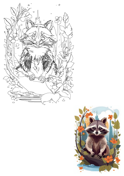 Cute raccoon on a tree branch, surrounded by colorful flowers and lush leaves. Charming woodland scene ideal for nature themes.