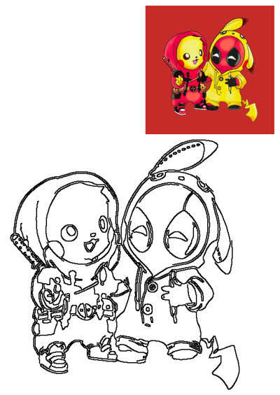 A humorous illustration featuring chibi Pikachu dressed as Deadpool and Deadpool dressed as Pikachu, along with its outline version.