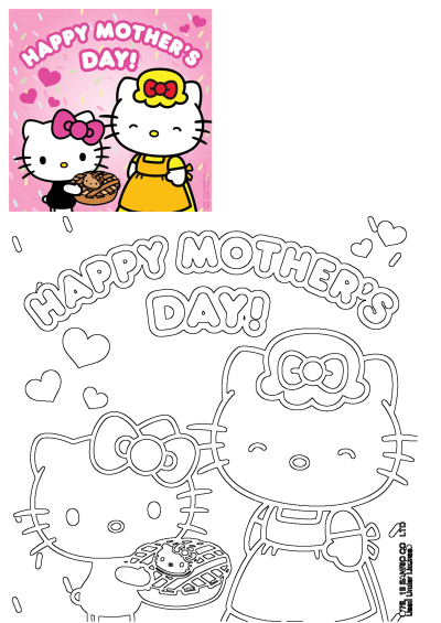 Hello Kitty Mother's Day card features Hello Kitty offering a pie to her mother figure on a pink background with hearts.