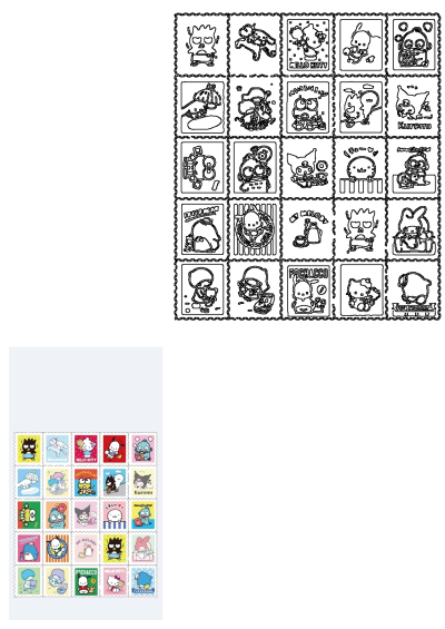 A vibrant grid of Sanrio character themed colorful stamp collection designs, featuring Hello Kitty, Kuromi, and friends.