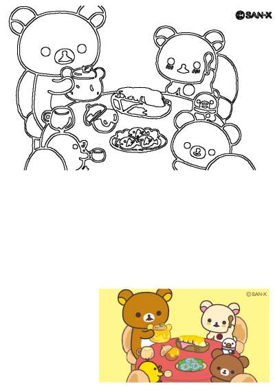 Rilakkuma, Korilakkuma, Kiiroitori, and Chairoikoguma gather for a fun picnic, enjoying various dishes spread on a table.