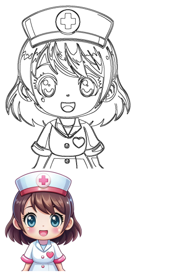 A cute kawaii nurse character illustration, featuring both a black outline drawing and a vibrant colored anime girl in uniform.