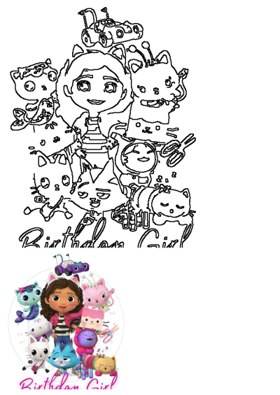 Gabby from Gabby's Dollhouse as a birthday girl with Pandy Paws and other cat friends in a fun, detailed outline.