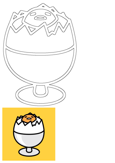 Gudetama, the lazy Sanrio egg character, hatched and served in a cracked eggshell bowl, shown as outline and colored versions.