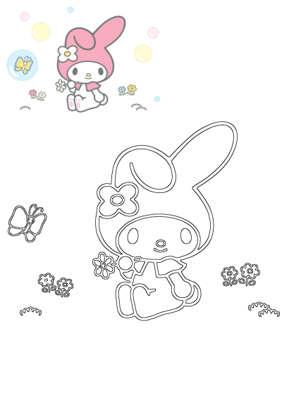 Cute My Melody wallpaper with bubbles and flowers; the image also presents a large outline version perfect for coloring enthusiasts.
