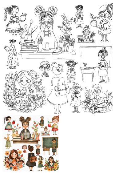 Watercolor clipart featuring diverse students, female teachers, school desks, books, and supplies, perfect for educational themes.