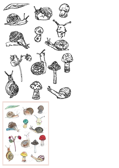 A delightful collection of garden illustrations, featuring whimsical watercolor and detailed black outline art of snails, slugs, and mushrooms.
