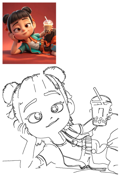 An adorable cartoon girl with bun pigtails lies relaxed, holding boba tea. Includes a vibrant colored version and line art.