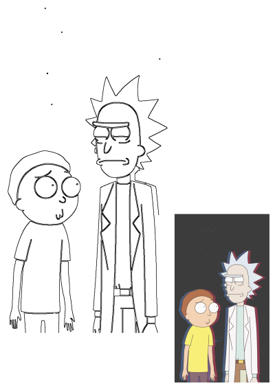 Rick and Morty characters, both as a vibrant cartoon illustration with a dark background and as crisp black and white line art outlines.