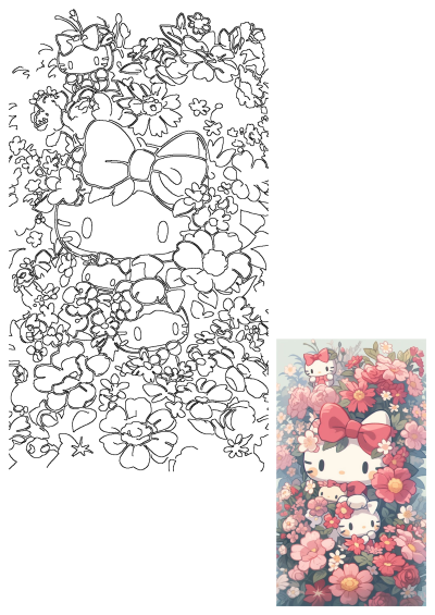 A charming Hello Kitty floral garden illustration with multiple characters amidst vibrant flowers, presented with a matching outline drawing.