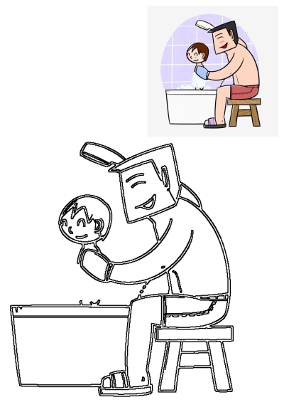 Illustrative image of a smiling father gently bathing his child in a tub, showcasing a joyful and loving father-child bonding moment. Ideal for family themes.