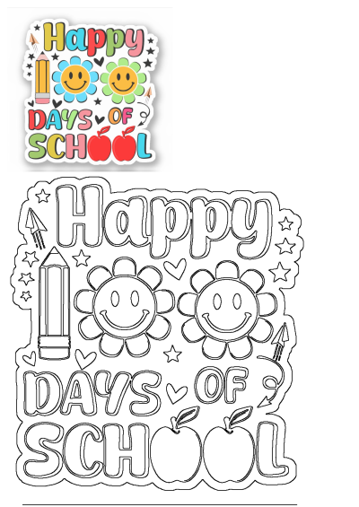 Vibrant Happy Days Of School sticker design featuring cheerful smiling flowers, school pencils, red apples, and playful stars.