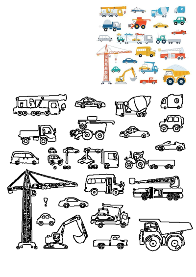Vibrant cartoon illustration of diverse trucks, cranes, and transport vehicles, including outlines. Ideal for kids' designs and educational projects.