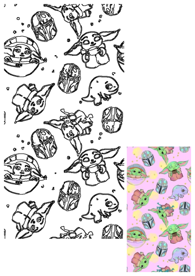 Adorable Baby Yoda (Grogu) and Mandalorian helmet pattern featuring cute creatures on a vibrant pink Star Wars background.