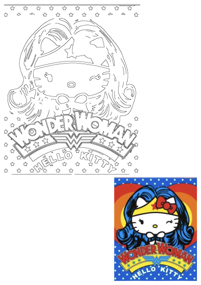 An image of Wonder Woman Hello Kitty cartoon character with her tiara, red bow, and flowing hair against a background of stars.