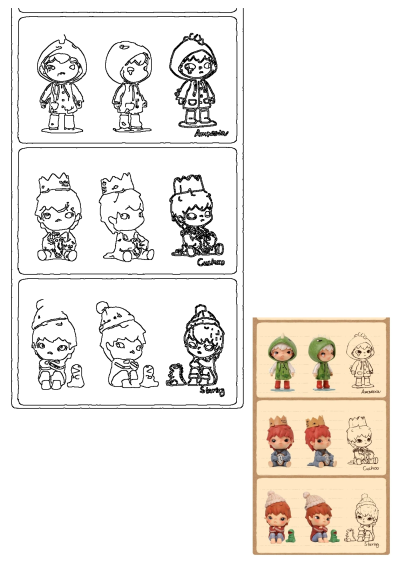 Cute Amnesia, Cuckoo, and Staring art toy figures collection, showing detailed colored models and their black outline sketches.