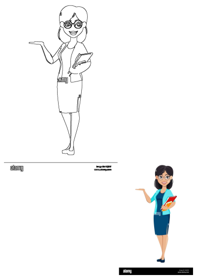 Smiling cartoon woman in glasses, holding a red folder, and pointing. Features both a vibrant color illustration and a clear outline version.