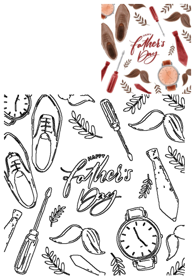 Happy Father's Day card featuring watercolor shoes, watch, tie, mustaches, and screwdrivers, with a matching line art design.