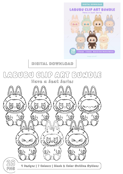 Labubu Bunny Costume Clip Art Bundle for digital download. Features 4 designs, 7 colors, and black outline options in PNG format.