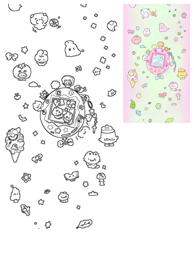 Pinterest 2025 kawaii Tamagotchi and cute icons aesthetic background with a vibrant pastel palette, shown alongside its line art.