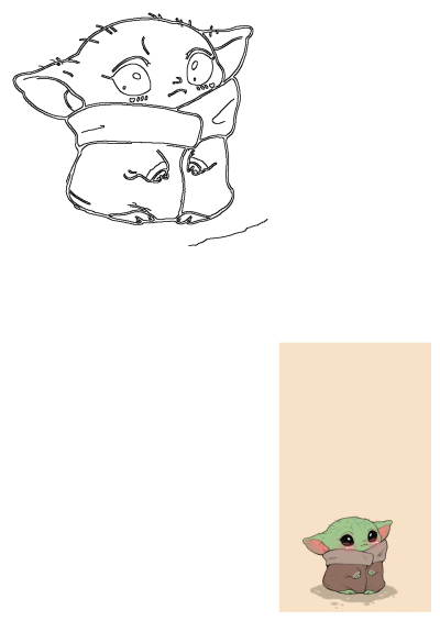 Cute Baby Yoda (Grogu) cartoon artwork features an adorable illustration with big eyes and rosy cheeks, alongside a simple outline sketch.