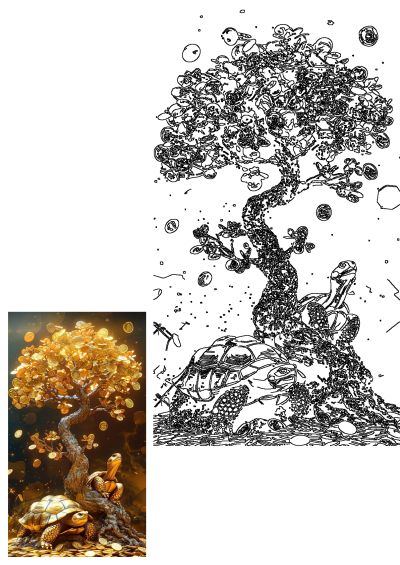 A golden money tree abundant with coins and two lucky golden turtles, symbolizing wealth, prosperity, and success.