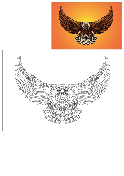 A majestic eagle soaring with wings spread wide and talons out, poised for action against a vibrant orange background.