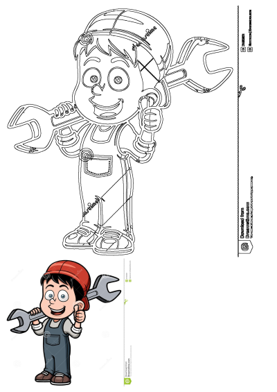 Cheerful cartoon boy mechanic, smiling and holding a large wrench. This vector illustration also includes a black-and-white outline.