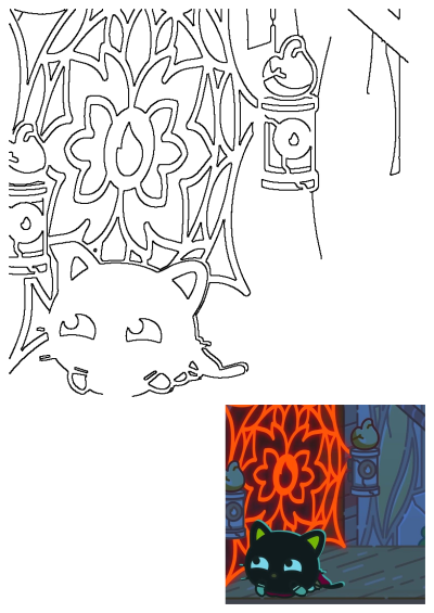 Black Cat Intricate Wall Design: A charming black cat looks at a complex floral wall pattern in this detailed outline drawing.