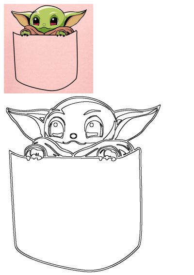 Cute Baby Yoda peeking out of a pink pocket in this Star Wars fanart, showcasing both a vibrant colored version and a line art outline.
