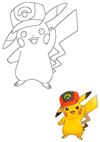 Cartoon illustration of Pikachu wearing a baseball cap, shown as both a black-and-white outline and a colored version.