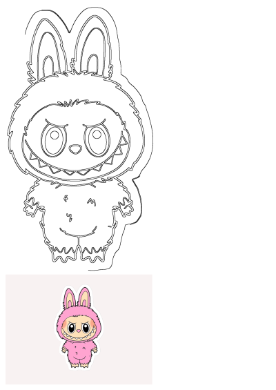 Cute pink monster bunny sticker illustration featuring a fuzzy creature with big eyes and sharp teeth, ready to be printed.