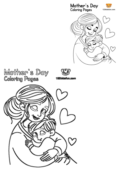 A loving line art illustration showing a mother gently embracing her child with hearts, perfect for Mother's Day celebrations.