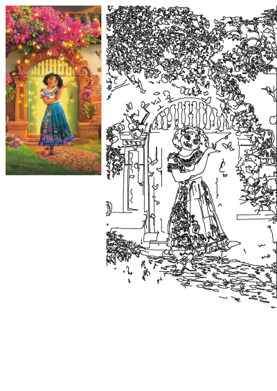 Encanto Mirabel Madrigal smiles by the Casita's magical door adorned with pink bougainvillea and glowing butterflies.