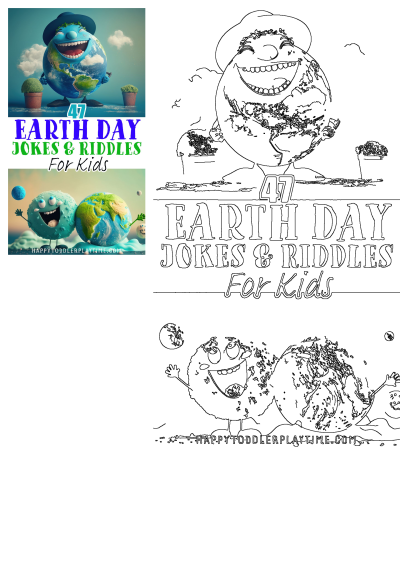 Happy planet characters illustrate 47 Earth Day jokes and riddles for kids. Fun cartoon Earth promotes planet awareness.