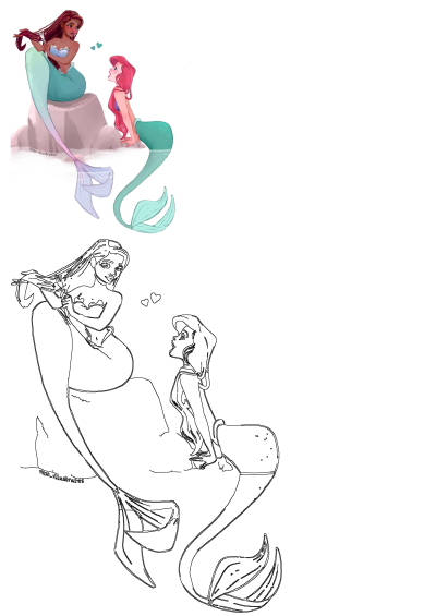 An enchanting illustration of Ariel and her mermaid mother. The mother uses a fork to brush her long brown hair, as curious Ariel watches.