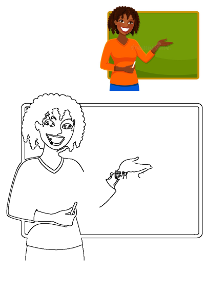 Smiling cartoon African American teacher explains a lesson on a green chalkboard, holding chalk. Ideal for educational topics.