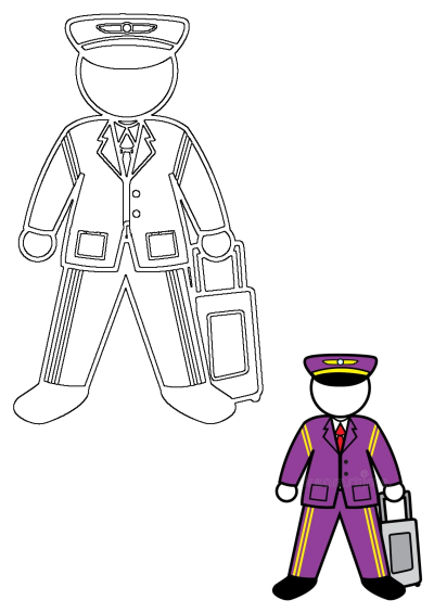 An illustration featuring a cartoon pilot with a suitcase, presented in both an outline version and a vibrant colored version.