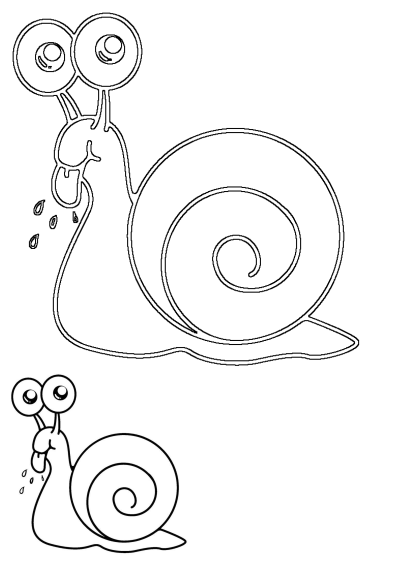 Outline drawing of two cute, sad snails with large eyes, shedding tears. A main figure and a smaller version for children's art activities.