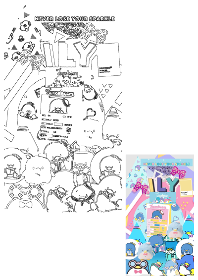 A vibrant collage featuring multiple cute Tuxedosam Sanrio penguin characters on a colorful pastel background with 'NEVER LOSE YOUR SPARKLE' and 'ILY' text.