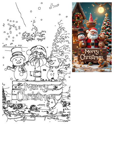 Festive Merry Christmas characters illustration with Santa, snowman, and reindeer. Includes full-color and printable outline art for crafts.