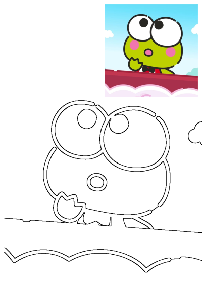 Keroppi, the green frog cartoon character with big eyes and pink cheeks, wearing a red bowtie on a bridge, alongside an outline drawing for coloring.