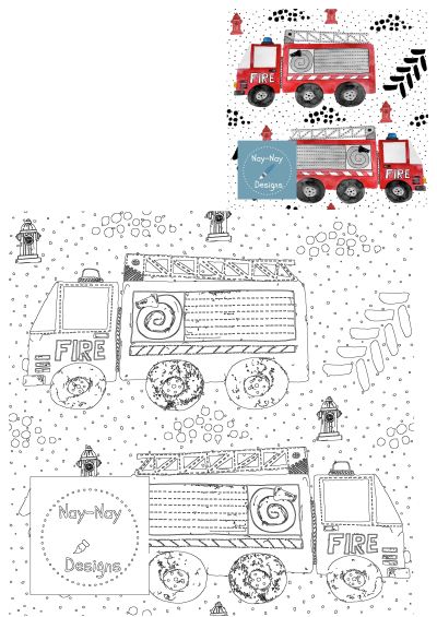 Watercolor pattern of red firetrucks, ladders, fire hydrants, and black/gray dots. Also includes line art for the design.