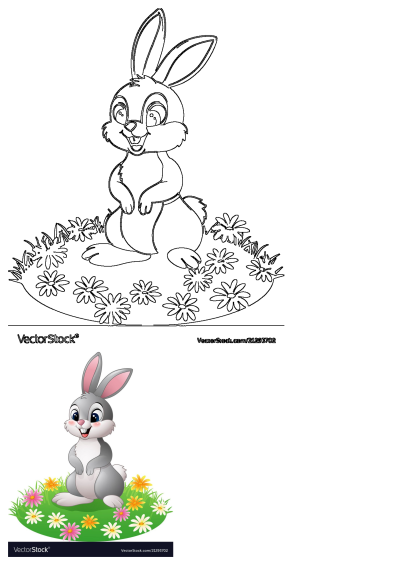 Cute cartoon rabbit illustration sitting in grass with daisies, presented in both full color and black outline versions.