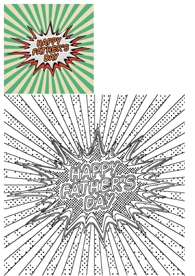 Happy Father's Day comic book style explosion graphic on a striped background, with a black and white outline version below.