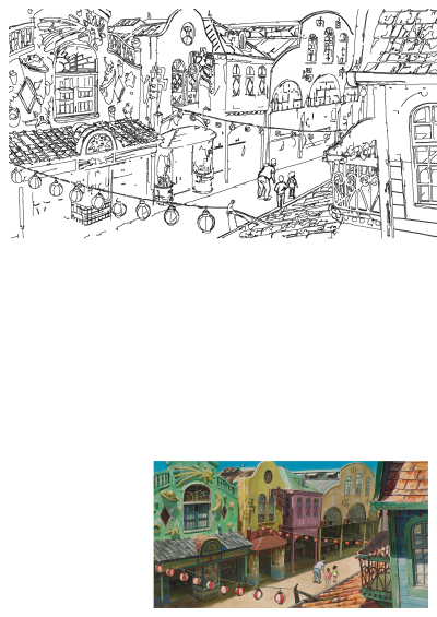 Spirited Away town street line art with intricate buildings, decorative windows, and balconies. Red lanterns hang above, capturing the colorful, magical anime essence.