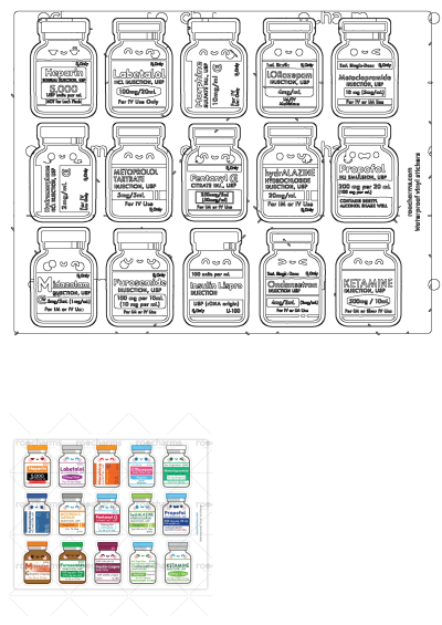 A sheet of colorful, cute cartoon injection vial stickers featuring various drug names, ideal for nurses and medical professionals.