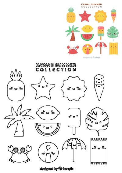A delightful collection of colorful and outline kawaii summer characters: pineapple, sun, ice cream, crab, palm tree, umbrella.