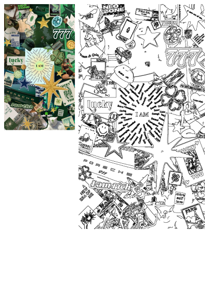 Green & gold collage: lucky clovers, 777, money, golden stars, 'I AM' affirmations (rich, healthy, brave abundance, love, successful).